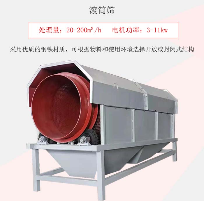 滾筒篩采用優(yōu)質(zhì)的鋼鐵材質(zhì)，可根據(jù)物料和使用環(huán)境選擇開放或封閉式結(jié)構(gòu)